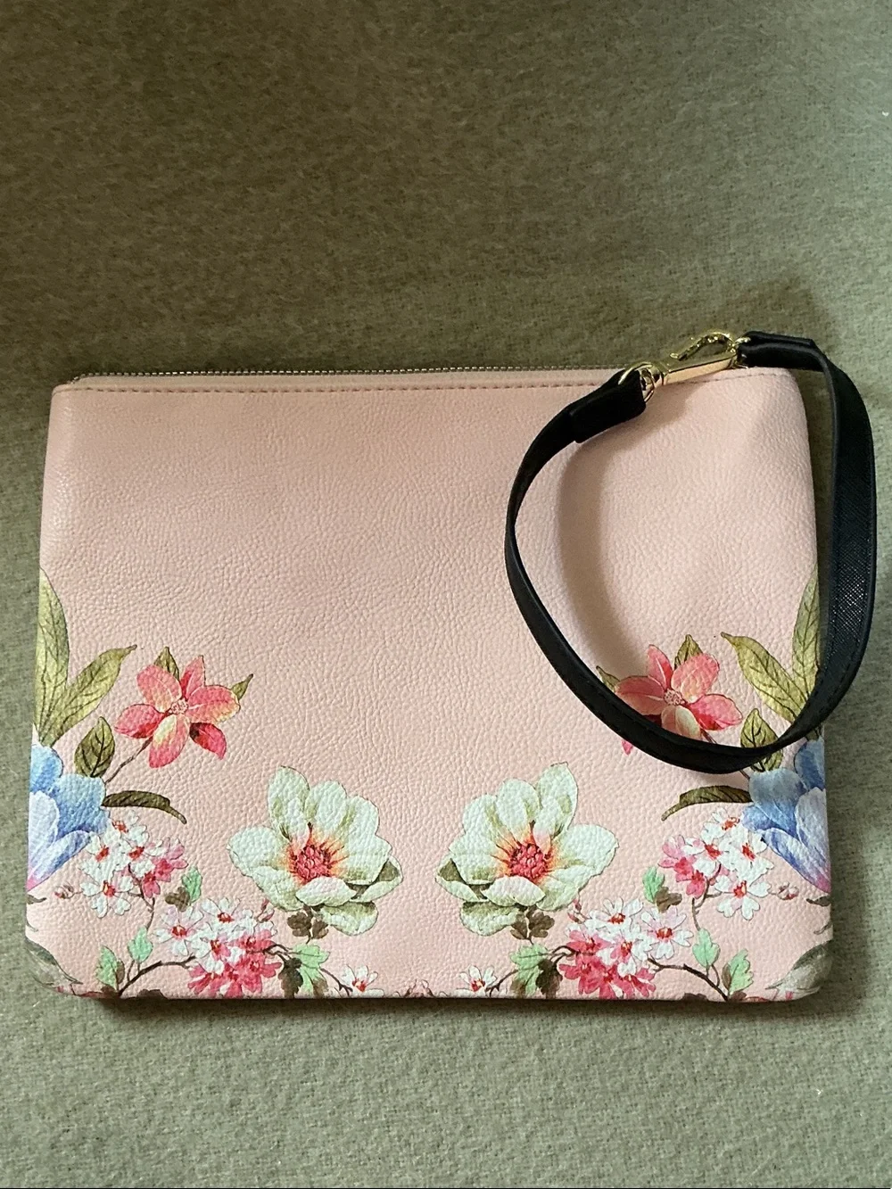 Betsey Johnson Light Pink Floral Wristlet Clutch with Black Strap